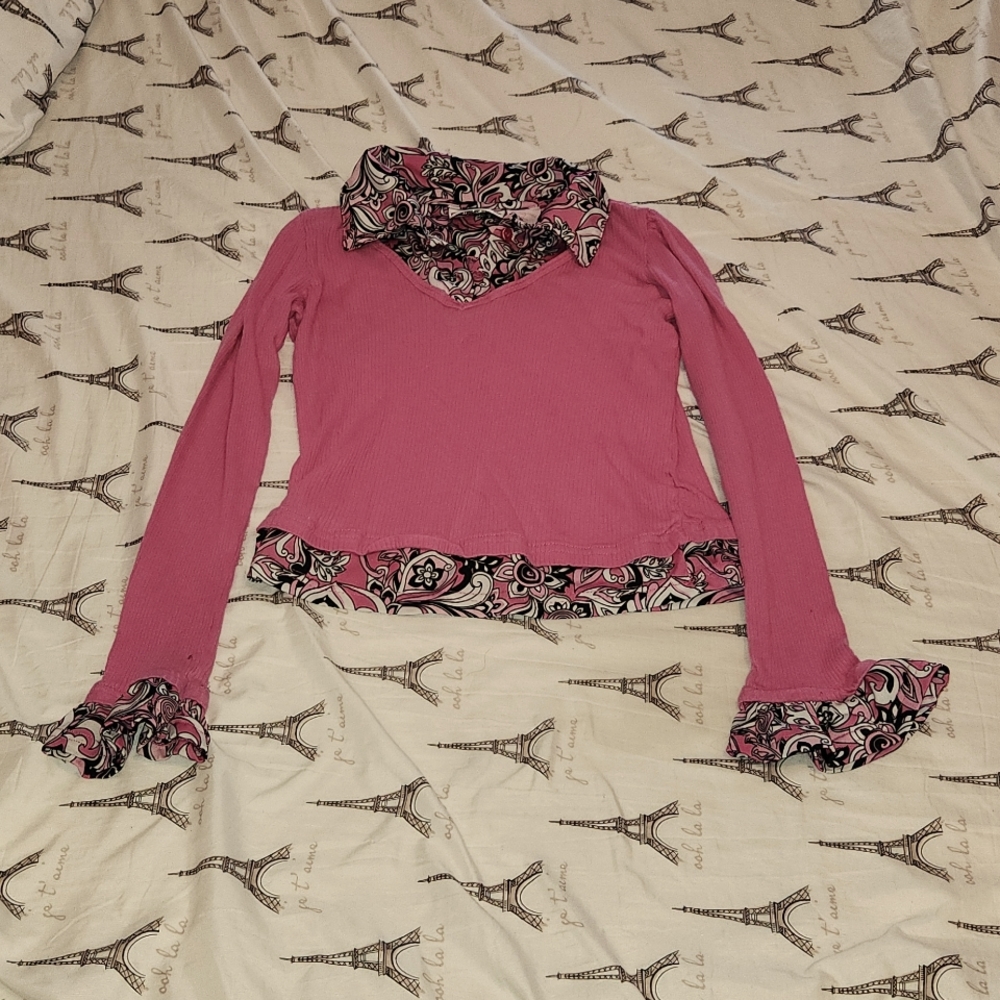 No Kidding 70's design funky top pink and black 10/12